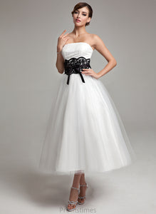 Tulle Wedding Dresses Frances Sash Satin Beading Ball-Gown/Princess Tea-Length Strapless Wedding Lace Bow(s) Dress With