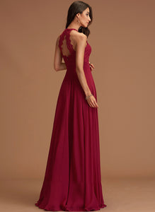 Floor-Length Chiffon Poll Scoop Neck With Lace Prom Dresses A-Line