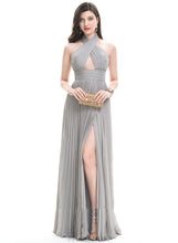 Load image into Gallery viewer, Pleated Front Split Chiffon Prom Dresses With Vivian A-Line Halter Floor-Length