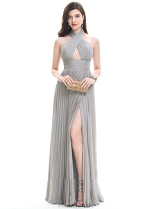 Pleated Front Split Chiffon Prom Dresses With Vivian A-Line Halter Floor-Length