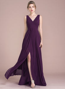 Donna Split Front Floor-Length V-neck With A-Line Prom Dresses Chiffon Ruffle