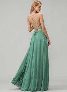 Prom Dresses Neckline Floor-Length A-Line Courtney Front Split Chiffon Pockets Square With