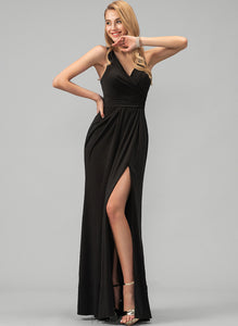 Ruffle A-Line Split Jersey With V-neck Floor-Length Prom Dresses Anaya Front