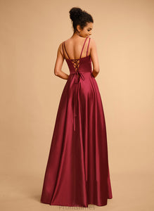 Satin A-Line Square Floor-Length Prom Dresses Neckline Frances