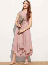 Load image into Gallery viewer, Lace A-Line Tea-Length Dahlia Scoop Neck Chiffon Junior Bridesmaid Dresses