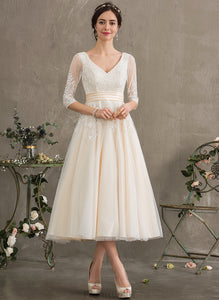 Ball-Gown/Princess Tulle V-neck Ida Wedding Tea-Length Dress Wedding Dresses