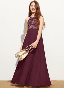 Chiffon Neck With Floor-Length Lace Junior Bridesmaid Dresses Bryanna A-Line Bow(s) Scoop