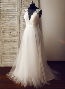 Train Wedding Dresses V-neck Sweep Wedding A-Line Kaleigh Dress Tulle