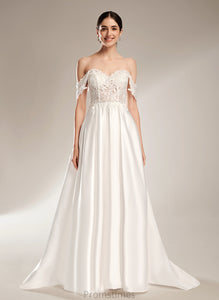 Ball-Gown/Princess Satin Dress Sweetheart Sequins Train Chapel Wedding Dresses Brooklyn Lace With Wedding