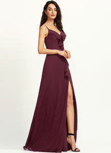 V-neck Front Split Sheath/Column Ruffle With Prom Dresses Floor-Length Brianna