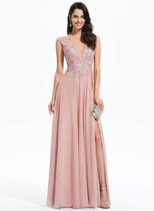 Lace V-neck Front Prom Dresses Chiffon A-Line Floor-Length Kimberly Split With