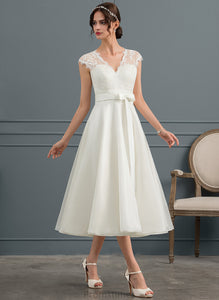 Satin Wedding Dresses Dress V-neck With Madisyn Tea-Length Wedding A-Line Bow(s)