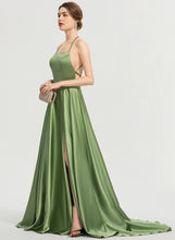 Load image into Gallery viewer, Train Front Summer Sweep Prom Dresses Satin Split A-Line Scoop With Neck