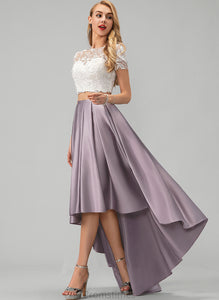 Scoop Meredith Asymmetrical Prom Dresses Neck With Pockets A-Line Satin Lace