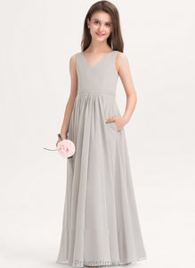 Ashlynn Pockets With Chiffon V-neck Junior Bridesmaid Dresses Floor-Length A-Line