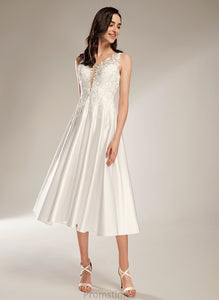 Dress A-Line Wedding With Tea-Length Ingrid Pockets V-neck Wedding Dresses