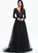 Load image into Gallery viewer, Train Ariana Prom Dresses Lace Sequins Tulle V-neck Sweep Ball-Gown/Princess With