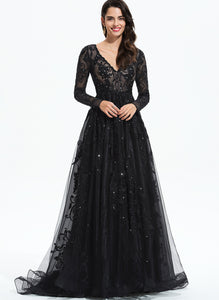 Train Ariana Prom Dresses Lace Sequins Tulle V-neck Sweep Ball-Gown/Princess With