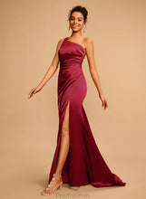 Load image into Gallery viewer, With Emery Sheath/Column Sweep Satin Split One-Shoulder Prom Dresses Front Pleated Train