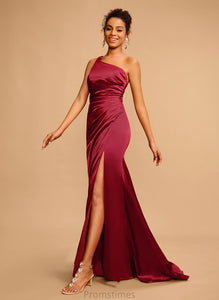 With Emery Sheath/Column Sweep Satin Split One-Shoulder Prom Dresses Front Pleated Train