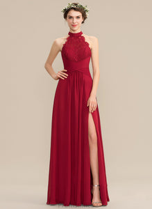 Ruffle Chiffon Lace Front Neck With Split Mallory Floor-Length High A-Line Prom Dresses