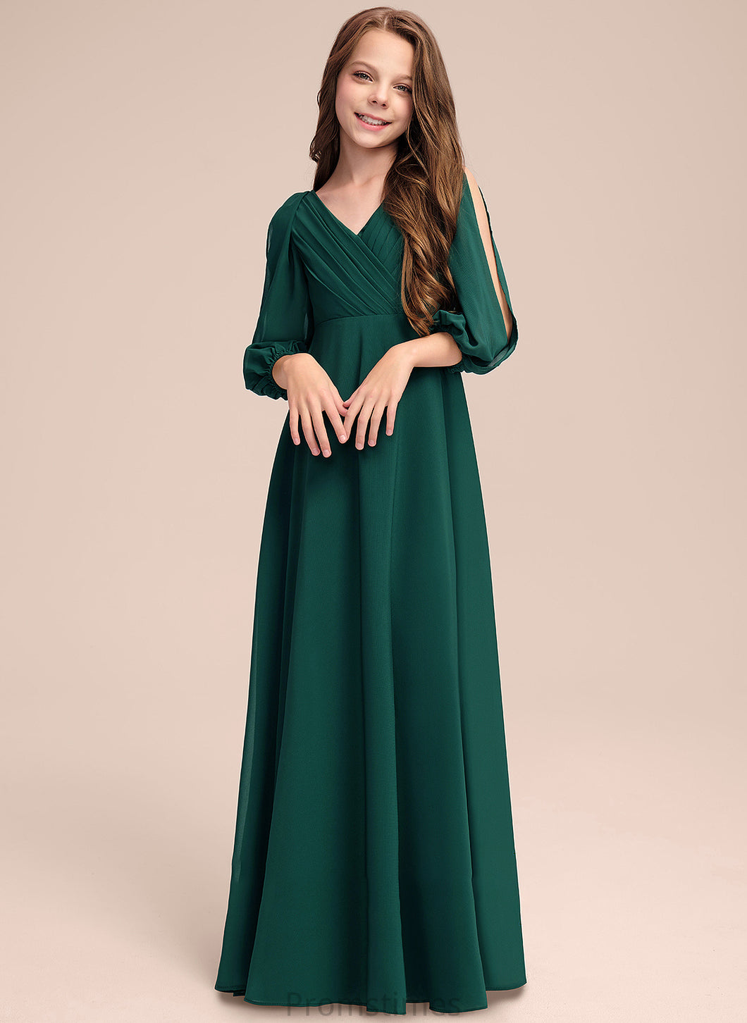 Ruffles Floor-Length Chiffon V-neck Cheryl With A-Line Junior Bridesmaid Dresses