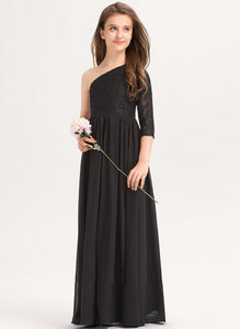 Chiffon Floor-Length Lace A-Line Coral Junior Bridesmaid Dresses One-Shoulder