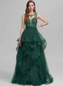 Lace Tulle Avery Prom Dresses Floor-Length With Ball-Gown/Princess Ruffle Scoop Neck