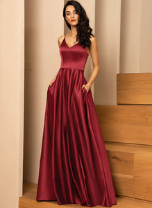 Pockets Nayeli V-neck With Prom Dresses A-Line Satin Floor-Length