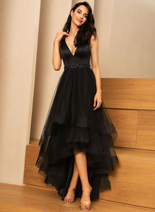 A-Line Beading Joan With Prom Dresses V-neck Tulle Asymmetrical Satin