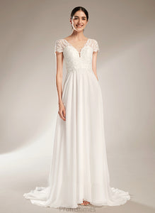 Court Bow(s) Dress V-neck A-Line Wedding Train Wedding Dresses With Brooke