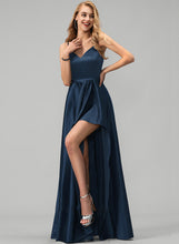 Load image into Gallery viewer, Front Split With Ruffles Satin Prom Dresses A-Line Cascading Floor-Length Evelyn V-neck