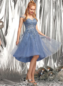 Tulle Neck Asymmetrical A-Line Prom Dresses Scoop With Kendall Sequins