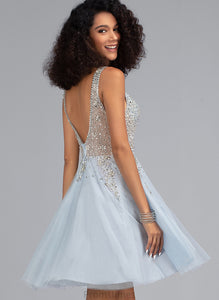 Beading A-Line Short/Mini Janiyah With Tulle Prom Dresses V-neck