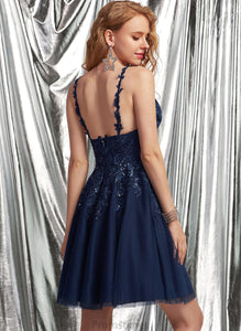 V-neck Short/Mini Reina Tulle Prom Dresses Lace A-Line With Sequins