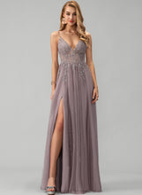 Load image into Gallery viewer, With Lace V-neck Beading Floor-Length Liliana Sequins Tulle A-Line Prom Dresses