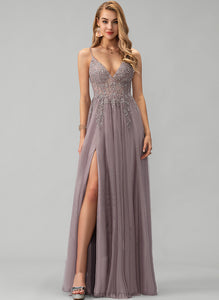 With Lace V-neck Beading Floor-Length Liliana Sequins Tulle A-Line Prom Dresses