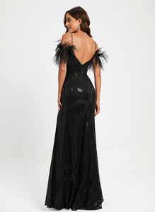 Scoop Sheath/Column Floor-Length Sequins Sequined Aubrie With Prom Dresses Feather Neck