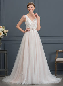 Wedding Dresses V-neck A-Line Beading Court Wedding Train With Dress Tulle Felicity