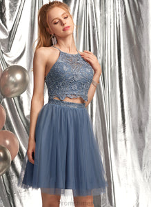 Scoop Tulle Beading Victoria Short/Mini With Prom Dresses Neck Sequins A-Line