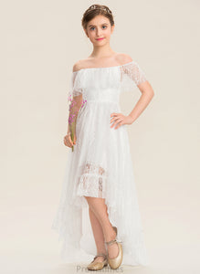 A-Line Catherine Junior Bridesmaid Dresses Off-the-Shoulder Asymmetrical Lace