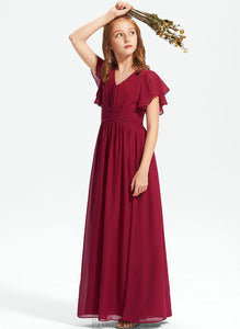 A-Line Junior Bridesmaid Dresses Chiffon V-neck Floor-Length With Kali Ruffle