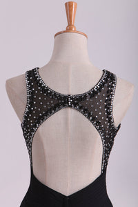 2024 Black Open Back Prom Dresses Scoop A Line Chiffon With Beading