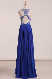 2024 Sexy Open Back Scoop Prom Dresses A Line Chiffon With Beading