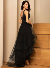 Load image into Gallery viewer, A-Line Beading Joan With Prom Dresses V-neck Tulle Asymmetrical Satin