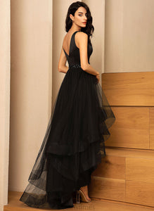 A-Line Beading Joan With Prom Dresses V-neck Tulle Asymmetrical Satin