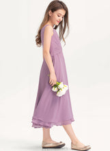 Load image into Gallery viewer, A-Line Ruffle With Junior Bridesmaid Dresses Ryan Tea-Length Chiffon Neck Scoop