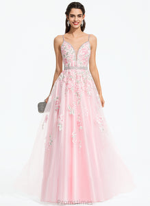 Ball-Gown/Princess Tulle Vicky V-neck With Prom Dresses Floor-Length Beading Sequins