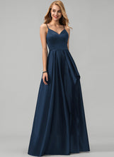 Load image into Gallery viewer, Front Split With Ruffles Satin Prom Dresses A-Line Cascading Floor-Length Evelyn V-neck