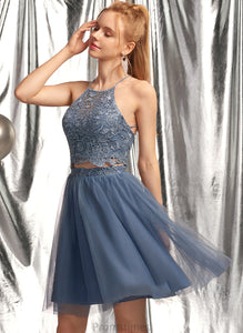 Scoop Tulle Beading Victoria Short/Mini With Prom Dresses Neck Sequins A-Line